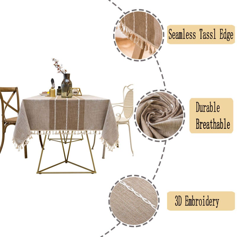Dimatic Heavy Weight Cotton Linen Tablecloth - Round 60 Inch Tablecloth - Tassel Stitching Table Cover for Kitchen Dining Room Tabletop Decoration - Beige - Image 4